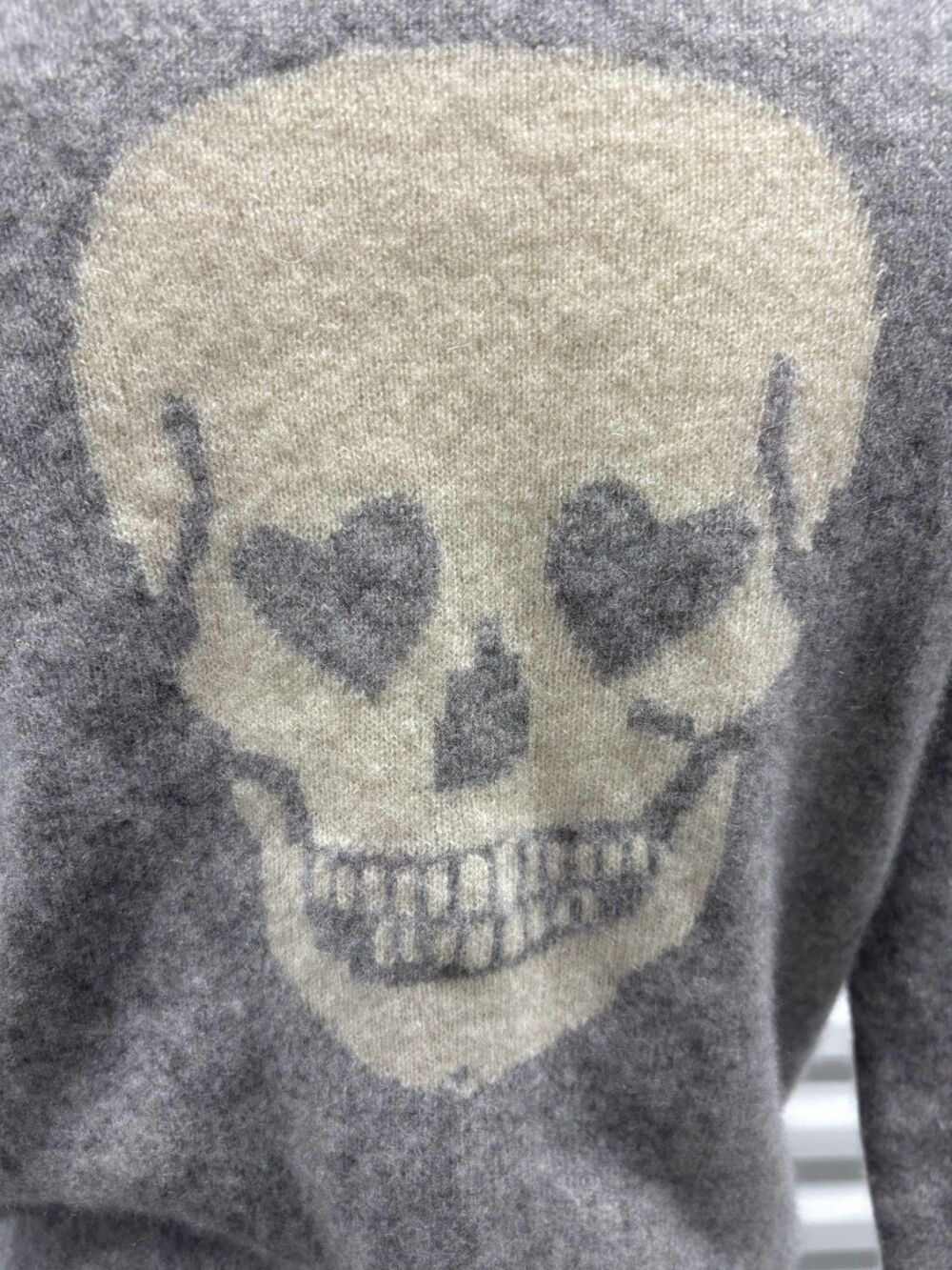 100% Cashmere Gray Skull Sweater Heart Eyes Back Graphic Boat Neck Oversized